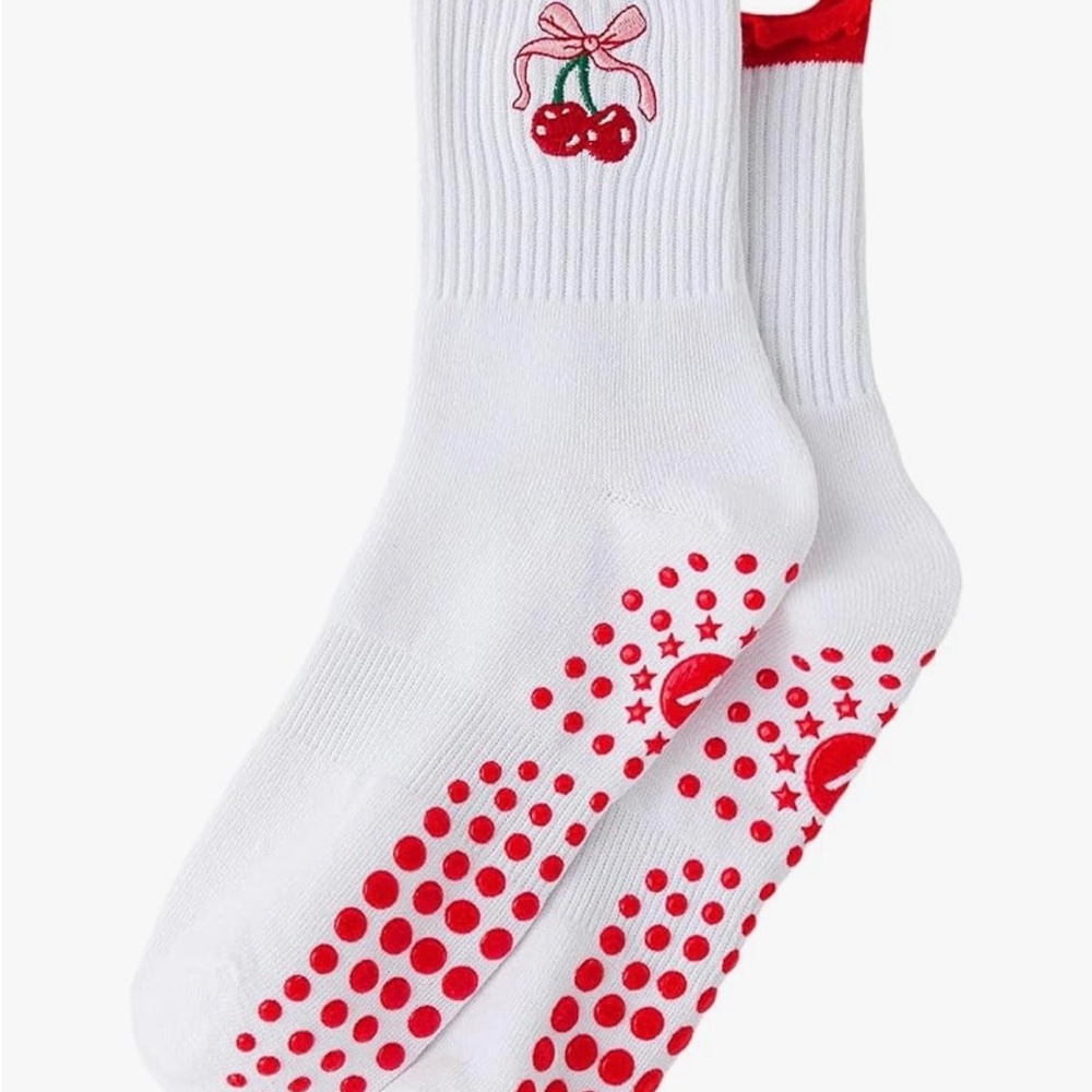 Cherry Embroidered Women's Grip Socks - White and Red
